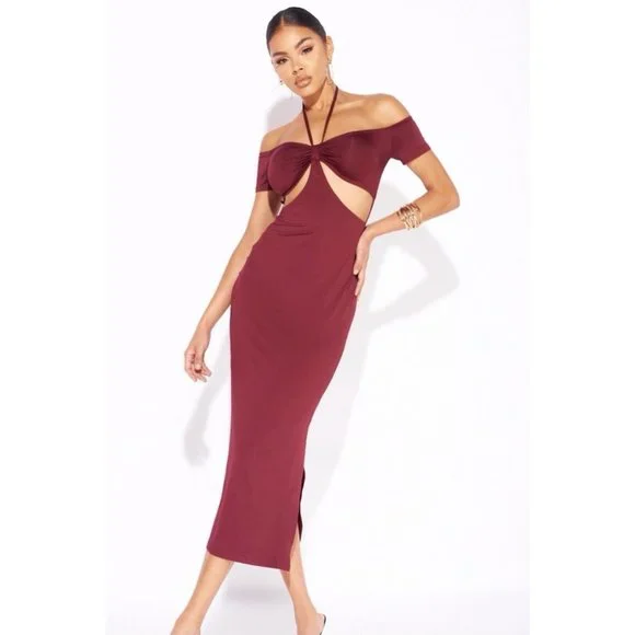 Burgundy Halter Neck Off Shoulder Short Sleeve Slit Cutout Bodycon Midi Dress - Picture 2 of 13